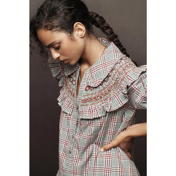 NWT ANTHROPOLOGIE Pilcro Short-Sleeve VNeck Smocked Babydoll Mini Dress $168 XSP - Picture 2 of 5